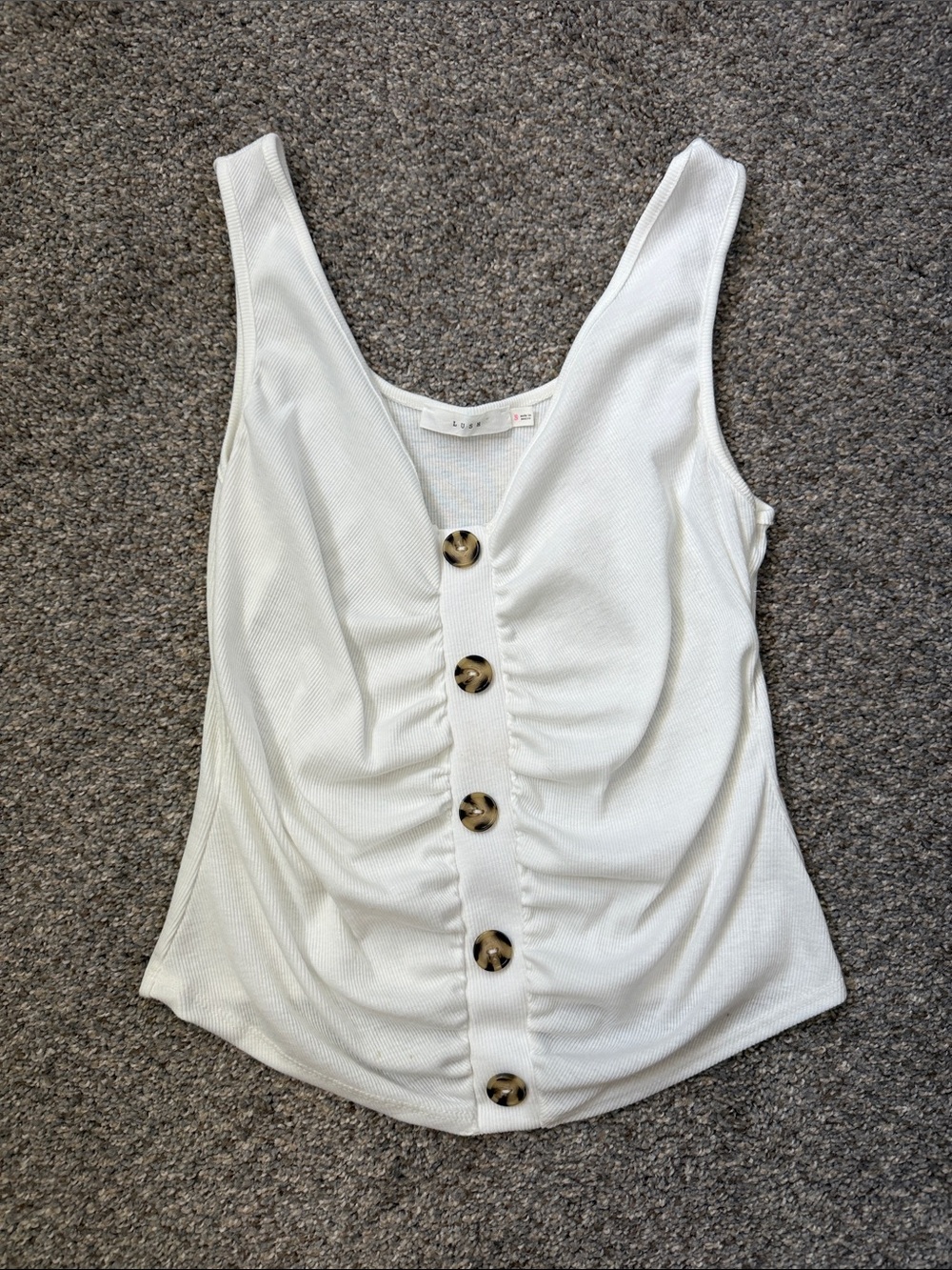 Lush White Ruched Tank Top with Tortoiseshell Buttons